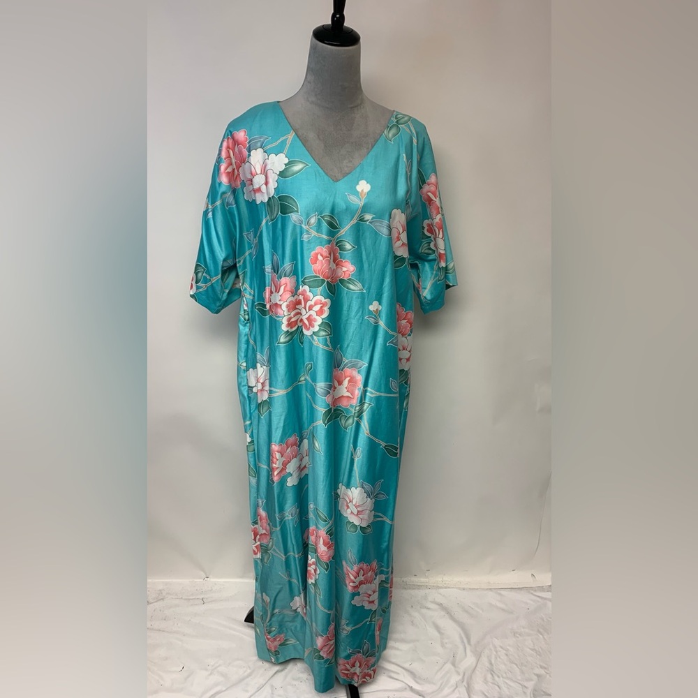 Sun Fashion Caftan Vintage Blue Hawaiian Tropical Print Maxi Beach Womens SZ L